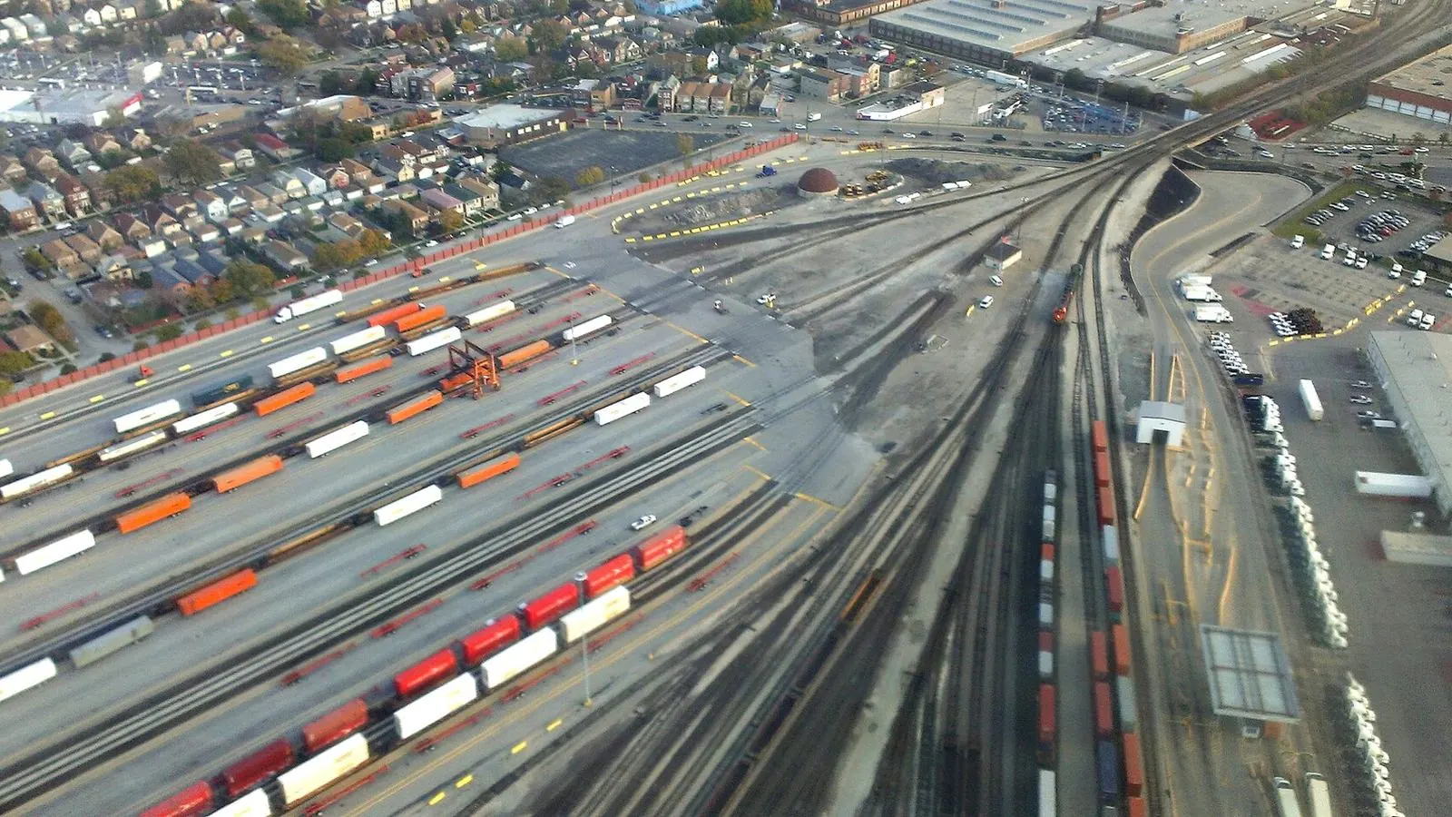 Aerial view of a freight rail yard in Chicago