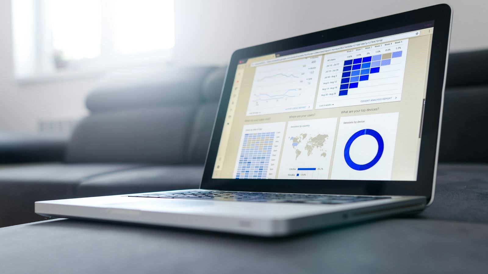 Laptop displaying an analytics dashboard with charts