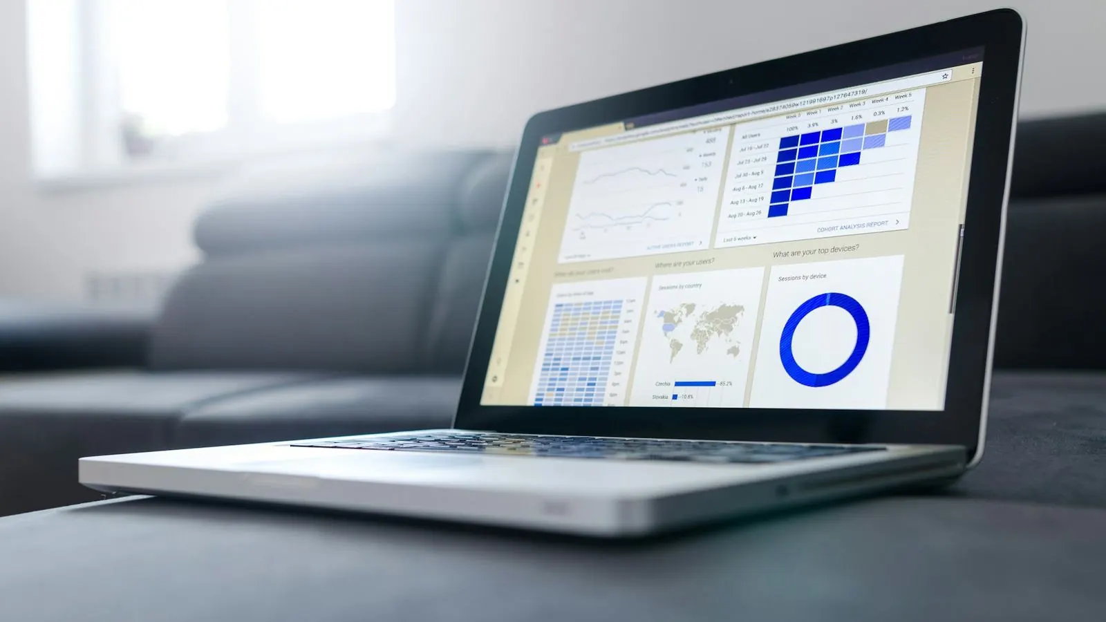 Laptop displaying an analytics dashboard with charts